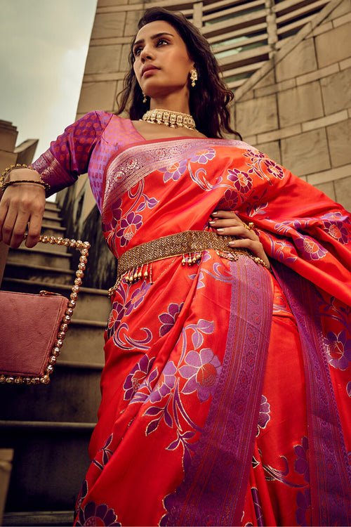 Load image into Gallery viewer, Pulsating Red Soft Banarasi Silk Saree With Vibrant Blouse
