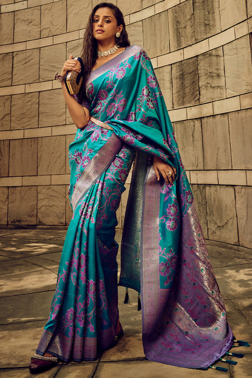 Load image into Gallery viewer, Lustrous Rama Soft Banarasi Silk Saree With Rhapsodic Blouse
