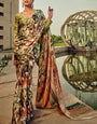 Embellished Green Digital Printed Satin Silk Saree With Effulgent Blouse Piece