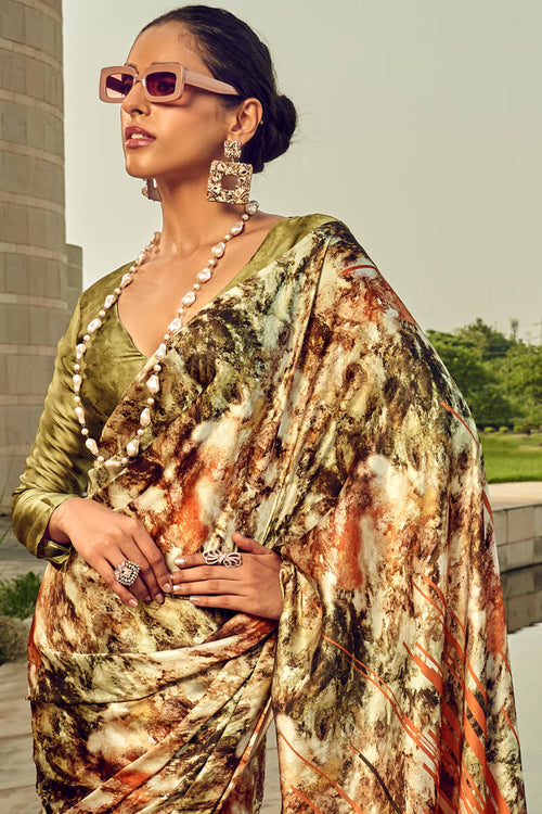 Load image into Gallery viewer, Embellished Green Digital Printed Satin Silk Saree With Effulgent Blouse Piece
