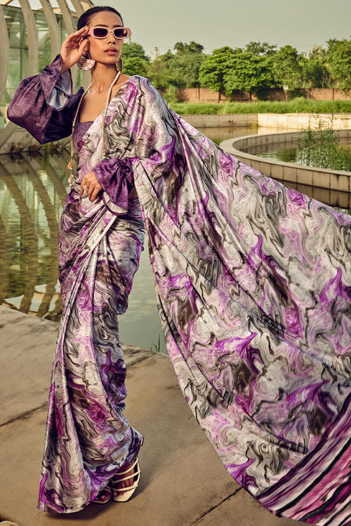 Load image into Gallery viewer, Piquant Lavender Digital Printed Satin Silk Saree With Exquisite Blouse Piece
