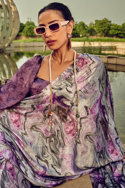 Load image into Gallery viewer, Piquant Lavender Digital Printed Satin Silk Saree With Exquisite Blouse Piece
