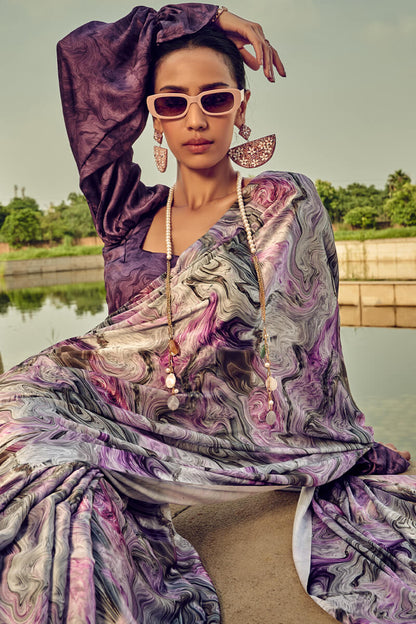 Piquant Lavender Digital Printed Satin Silk Saree With Exquisite Blouse Piece