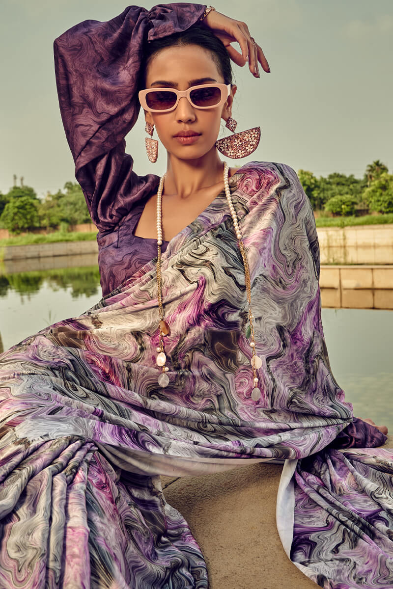 Piquant Lavender Digital Printed Satin Silk Saree With Exquisite Blouse Piece