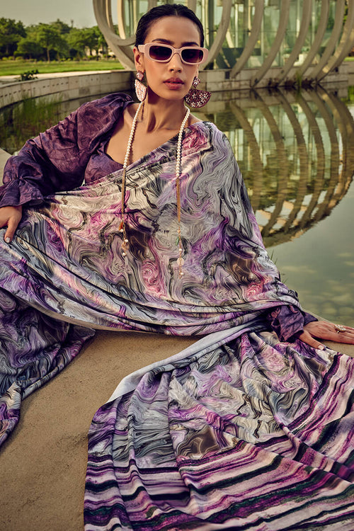 Load image into Gallery viewer, Piquant Lavender Digital Printed Satin Silk Saree With Exquisite Blouse Piece
