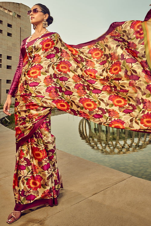 Load image into Gallery viewer, Charismatic Wine Digital Printed Satin Silk Saree With Radiant Blouse Piece
