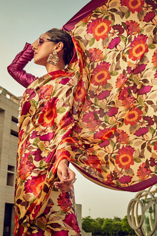 Load image into Gallery viewer, Charismatic Wine Digital Printed Satin Silk Saree With Radiant Blouse Piece
