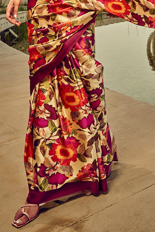 Load image into Gallery viewer, Charismatic Wine Digital Printed Satin Silk Saree With Radiant Blouse Piece
