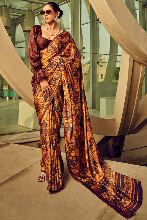 Load image into Gallery viewer, Beguiling Brown Digital Printed Satin Silk Saree With Embellished Blouse Piece
