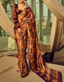 Beguiling Brown Digital Printed Satin Silk Saree With Embellished Blouse Piece