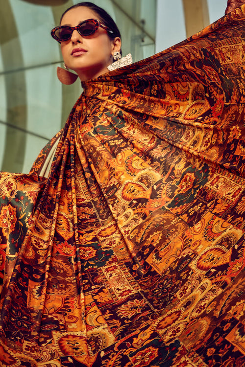 Load image into Gallery viewer, Beguiling Brown Digital Printed Satin Silk Saree With Embellished Blouse Piece
