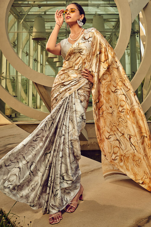 Load image into Gallery viewer, Grandiose Grey and Beige Digital Printed Satin Silk Saree With Quixotic Blouse Piece
