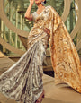 Grandiose Grey and Beige Digital Printed Satin Silk Saree With Quixotic Blouse Piece