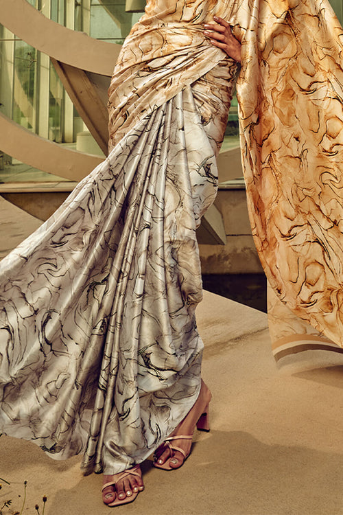 Load image into Gallery viewer, Grandiose Grey and Beige Digital Printed Satin Silk Saree With Quixotic Blouse Piece
