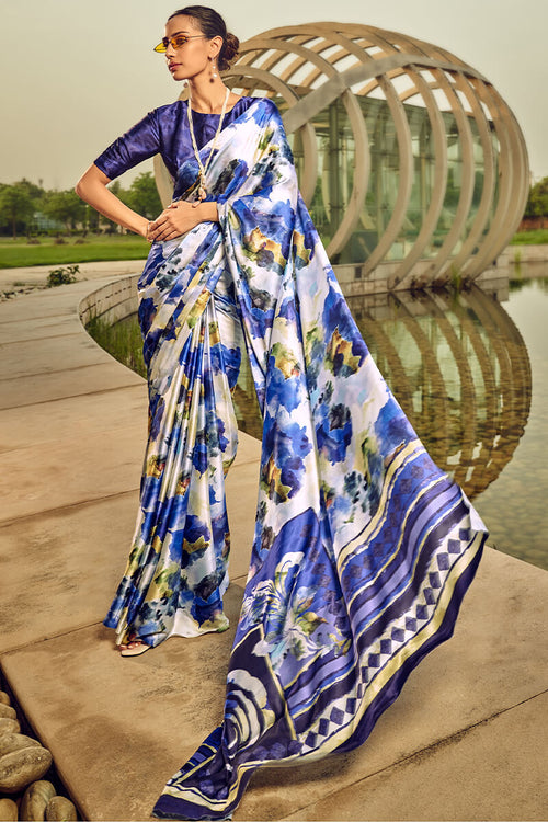 Load image into Gallery viewer, Effulgent Blue Digital Printed Satin Silk Saree With Ineffable Blouse Piece
