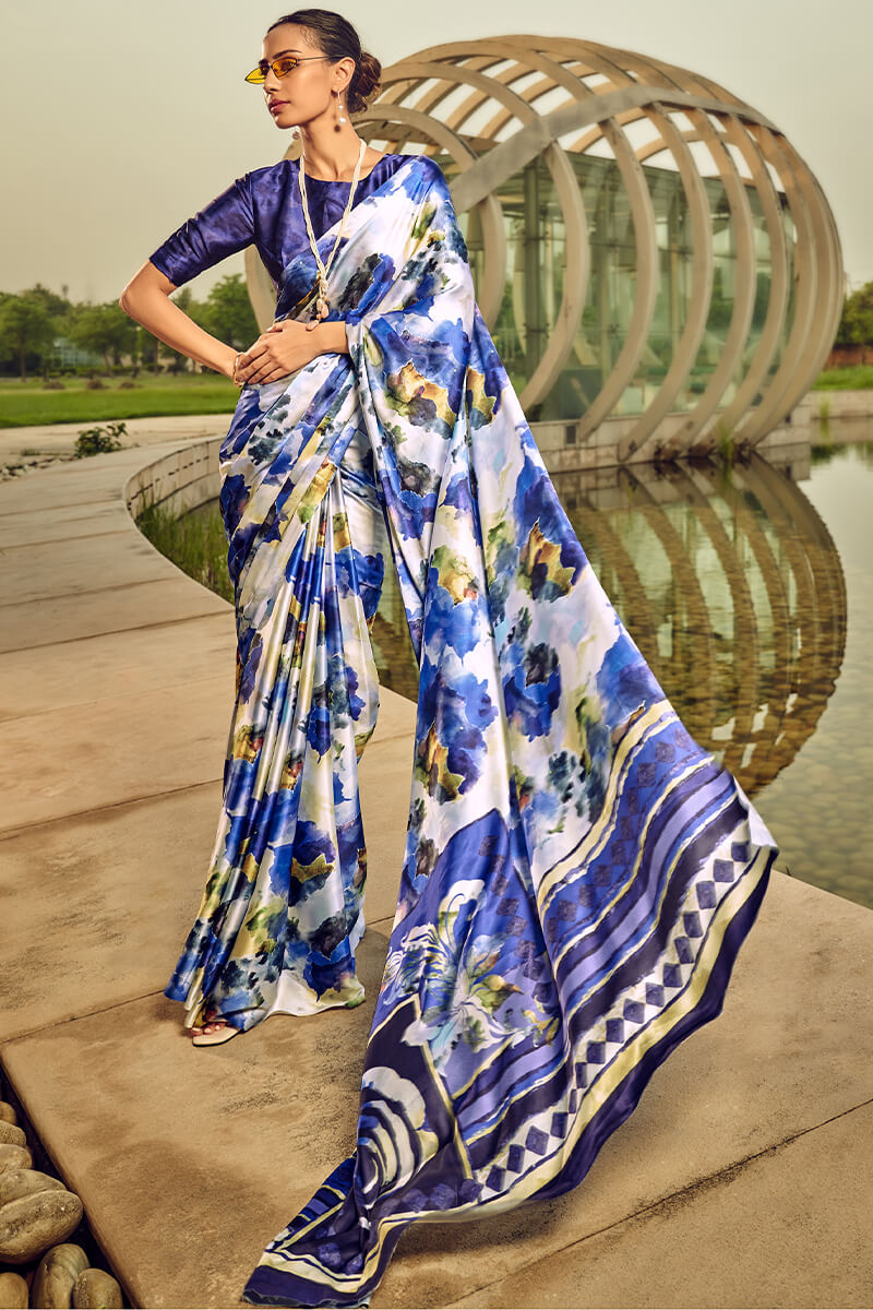 Effulgent Blue Digital Printed Satin Silk Saree With Ineffable Blouse Piece