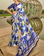 Effulgent Blue Digital Printed Satin Silk Saree With Ineffable Blouse Piece