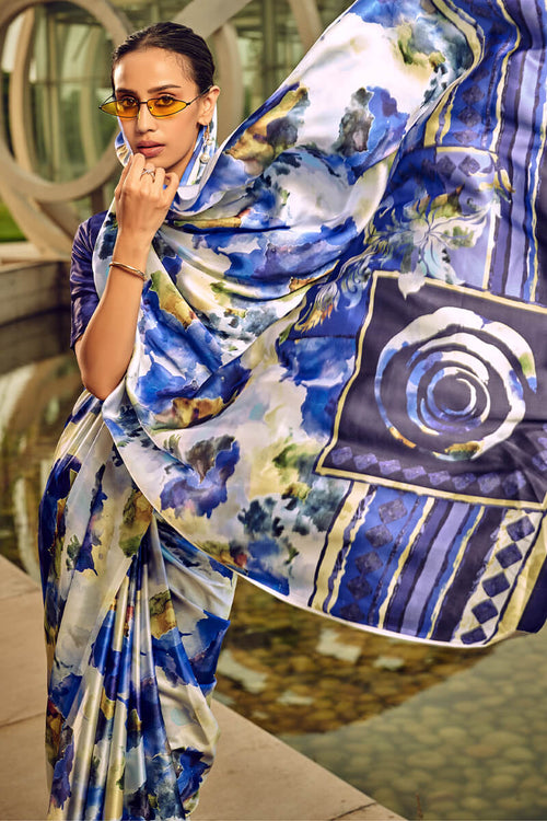 Load image into Gallery viewer, Effulgent Blue Digital Printed Satin Silk Saree With Ineffable Blouse Piece
