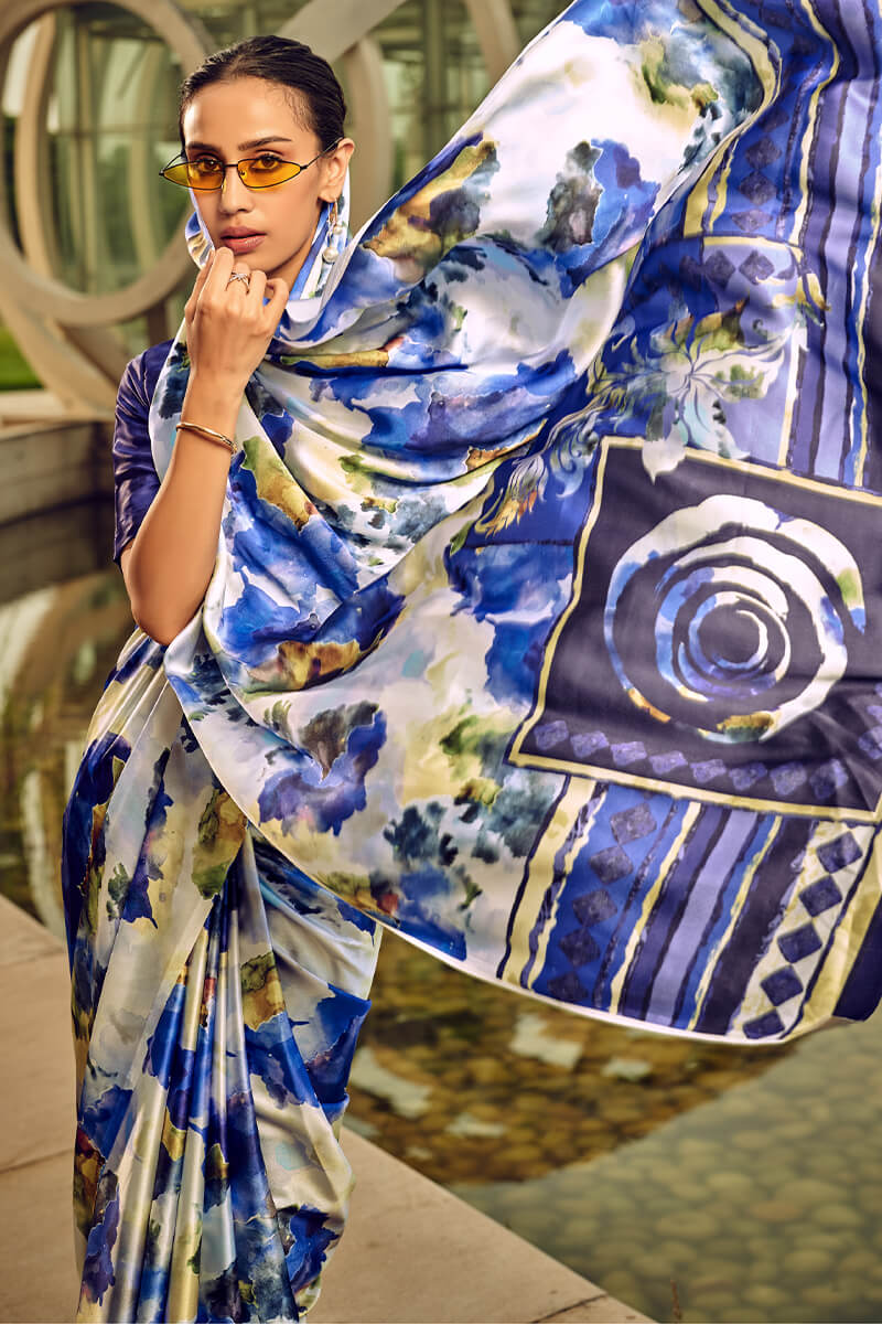 Effulgent Blue Digital Printed Satin Silk Saree With Ineffable Blouse Piece