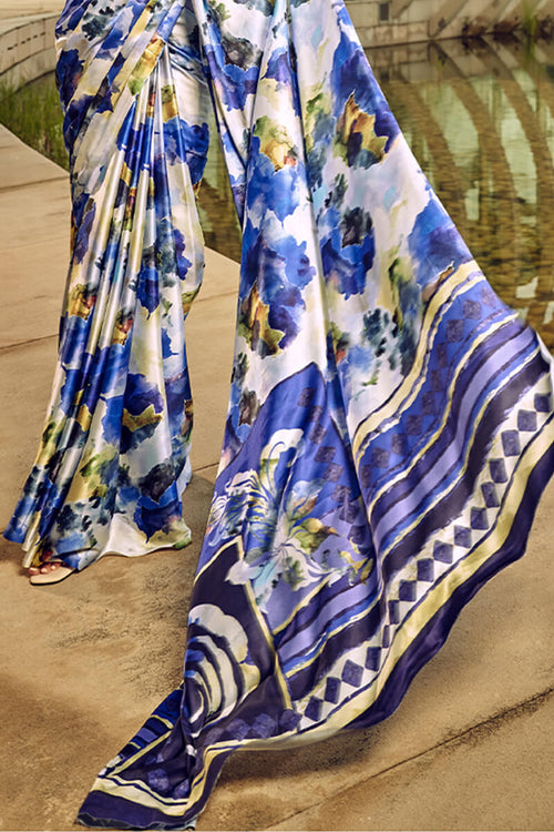 Load image into Gallery viewer, Effulgent Blue Digital Printed Satin Silk Saree With Ineffable Blouse Piece
