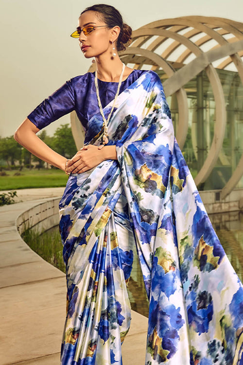 Load image into Gallery viewer, Effulgent Blue Digital Printed Satin Silk Saree With Ineffable Blouse Piece
