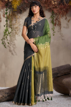 Flaunt Black and Green Viscose Cotton Silk Saree With Vibrant Blouse Piece