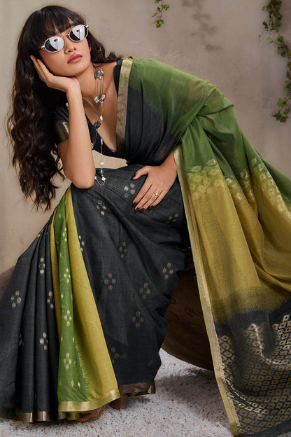 Flaunt Black and Green Viscose Cotton Silk Saree With Vibrant Blouse Piece