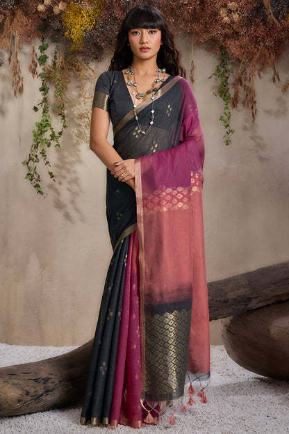 Forbearance Black and Wine Viscose Cotton Silk Saree With Gleaming Blouse Piece