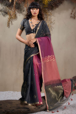 Forbearance Black and Wine Viscose Cotton Silk Saree With Gleaming Blouse Piece