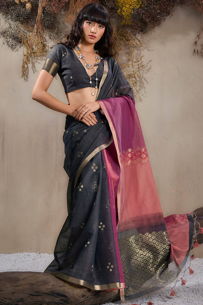 Forbearance Black and Wine Viscose Cotton Silk Saree With Gleaming Blouse Piece