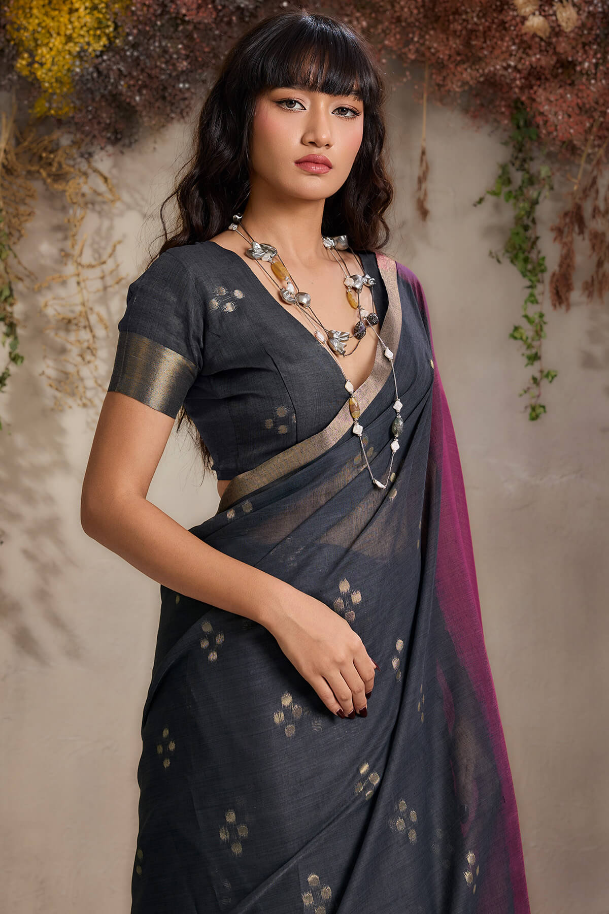 Forbearance Black and Wine Viscose Cotton Silk Saree With Gleaming Blouse Piece