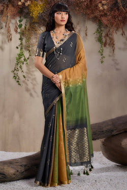 Beauteous Black and Mustard Viscose Cotton Silk Saree With Arresting Blouse Piece