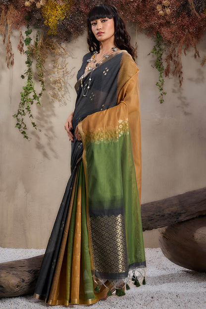 Beauteous Black and Mustard Viscose Cotton Silk Saree With Arresting Blouse Piece