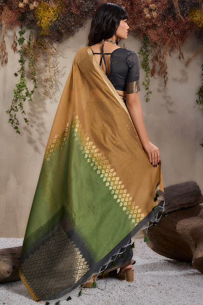 Beauteous Black and Mustard Viscose Cotton Silk Saree With Arresting Blouse Piece