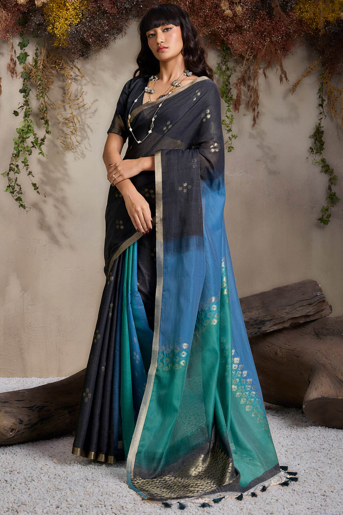 Diaphanous Black and Blue Viscose Cotton Silk Saree With Zephyr Blouse Piece