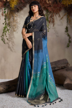 Diaphanous Black and Blue Viscose Cotton Silk Saree With Zephyr Blouse Piece