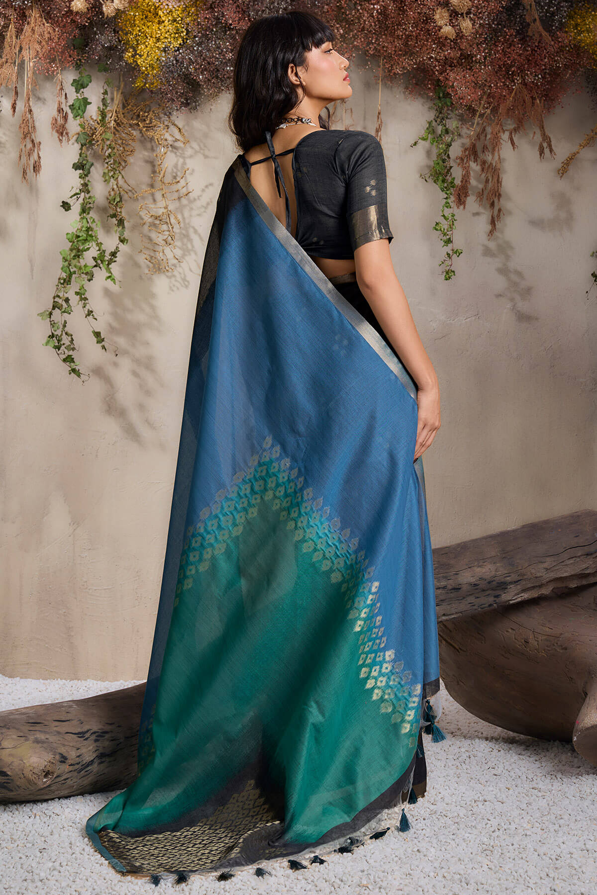 Diaphanous Black and Blue Viscose Cotton Silk Saree With Zephyr Blouse Piece