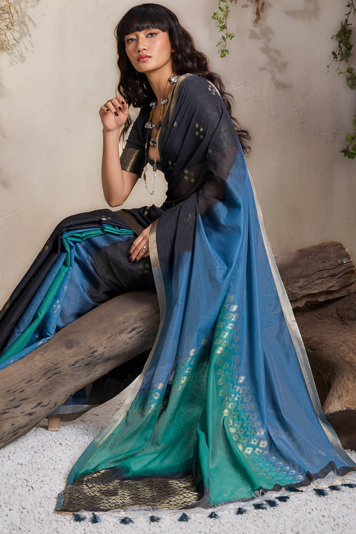 Diaphanous Black and Blue Viscose Cotton Silk Saree With Zephyr Blouse Piece