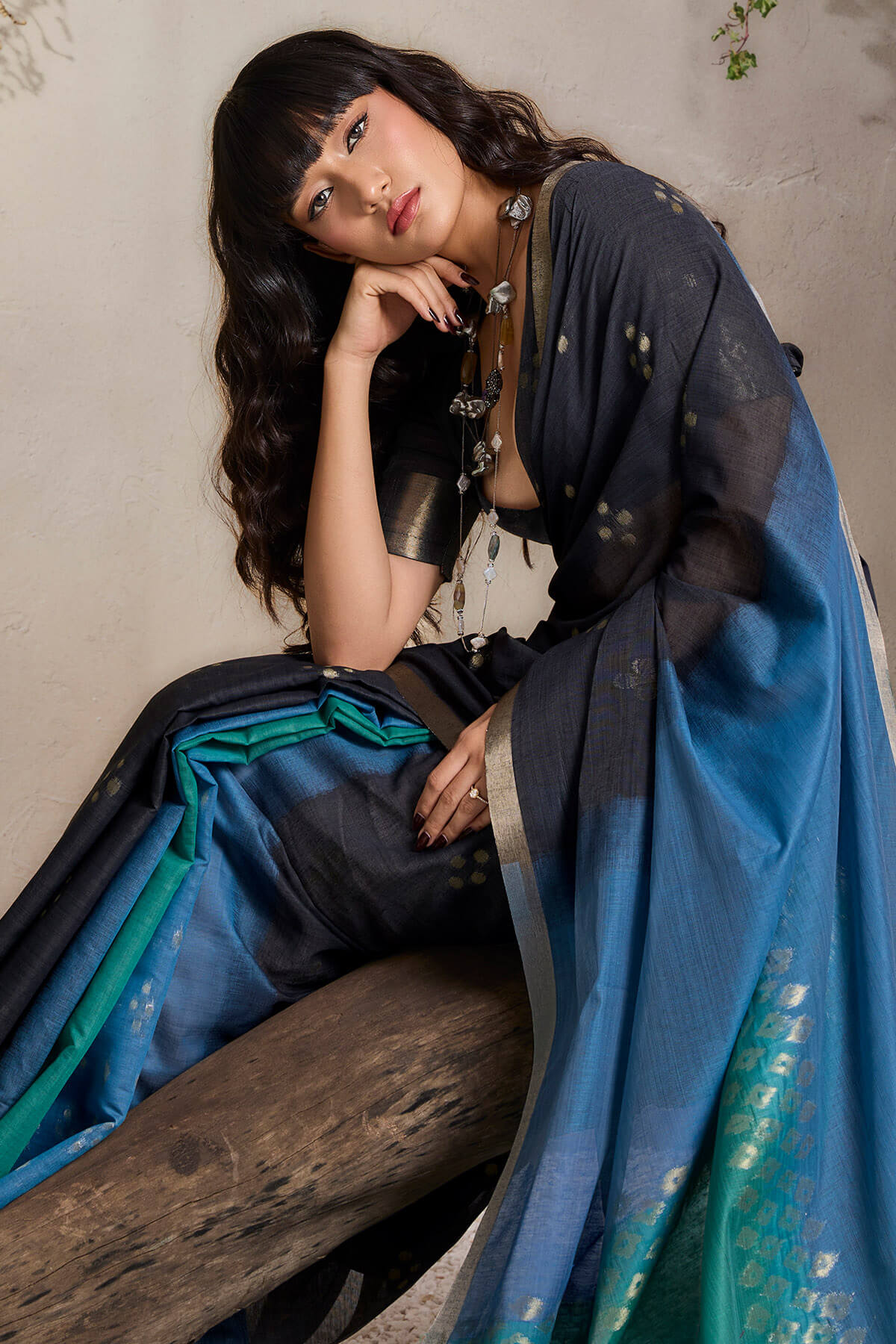 Diaphanous Black and Blue Viscose Cotton Silk Saree With Zephyr Blouse Piece