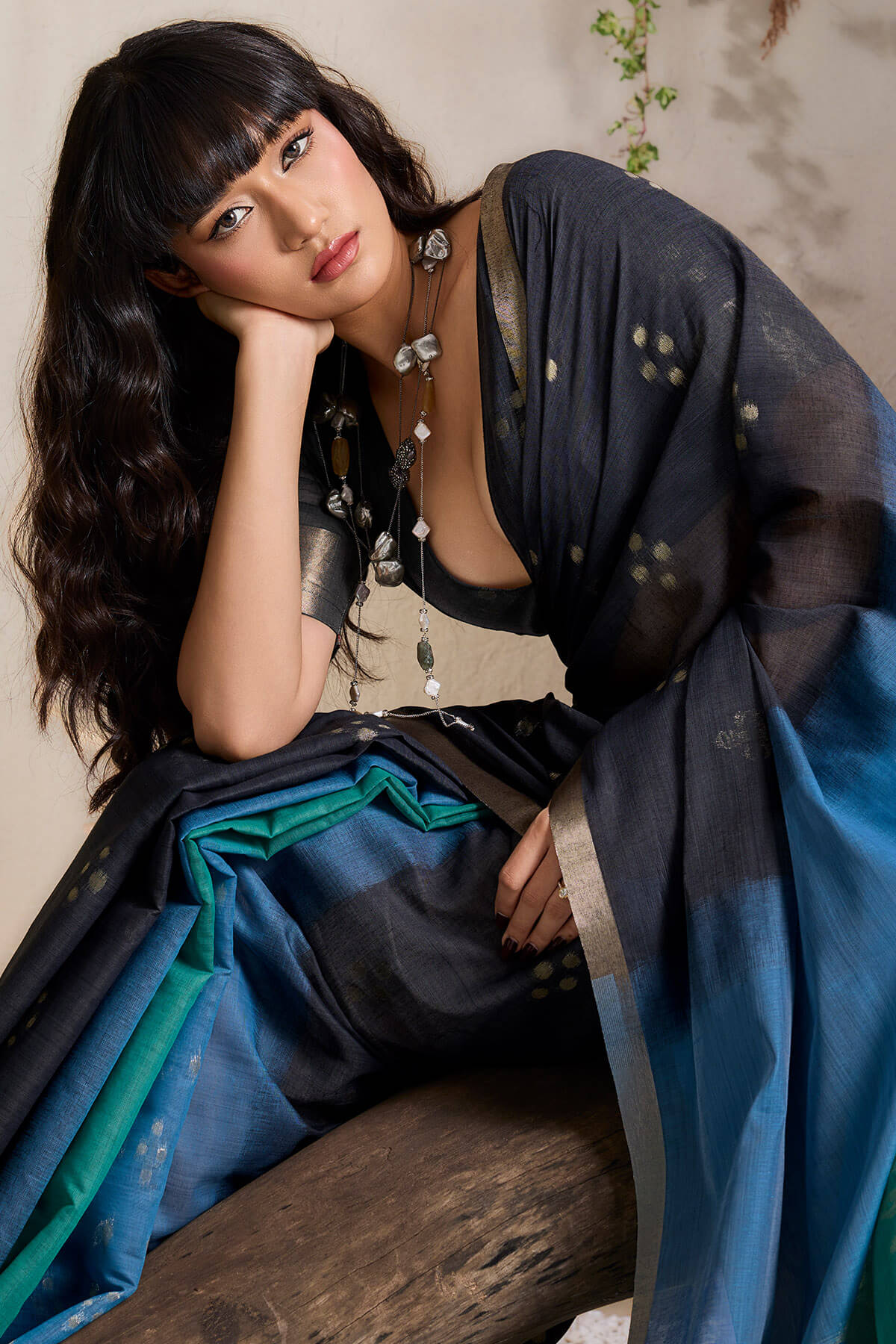 Diaphanous Black and Blue Viscose Cotton Silk Saree With Zephyr Blouse Piece