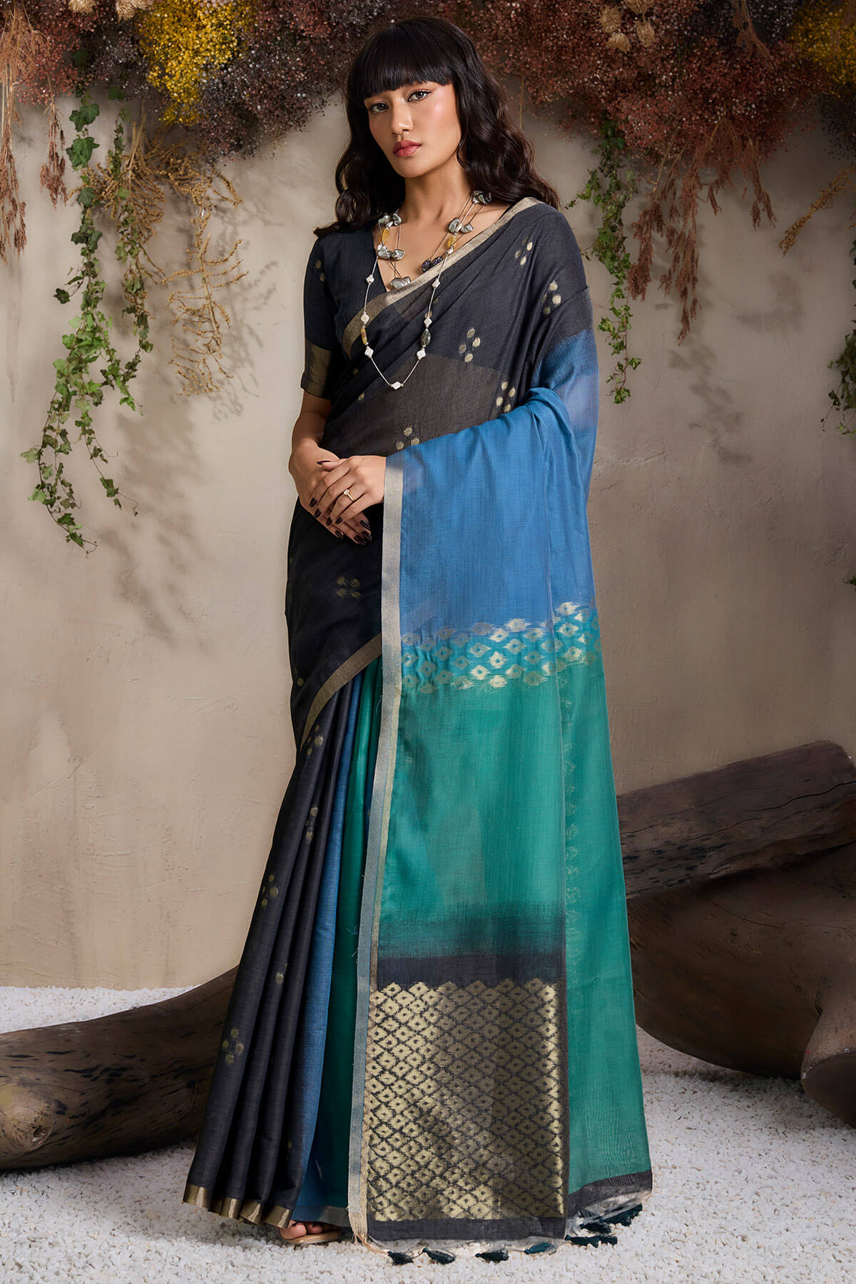 Diaphanous Black and Blue Viscose Cotton Silk Saree With Zephyr Blouse Piece