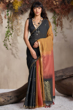 Quintessential Black and Brown Viscose Cotton Silk Saree With Fancifull Blouse Piece