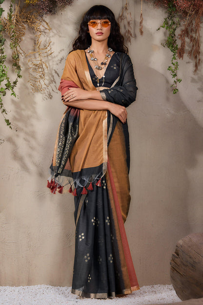 Quintessential Black and Brown Viscose Cotton Silk Saree With Fancifull Blouse Piece