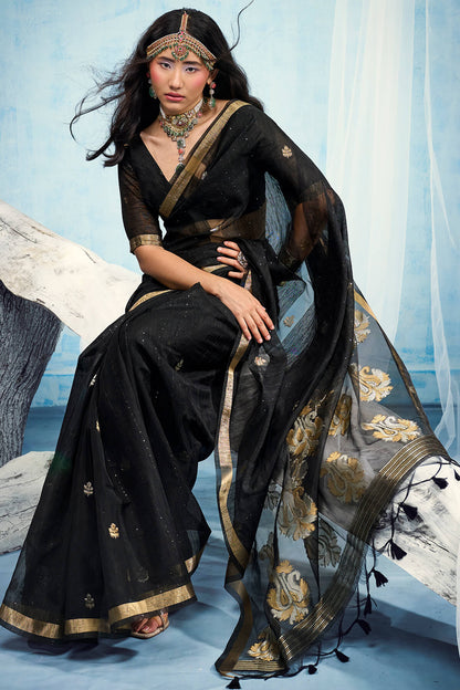 Embrocation Black Pure Munga Cotton Silk Saree With Deserving Blouse Piece