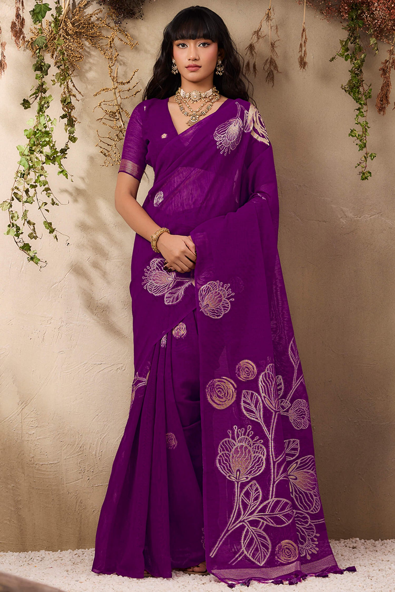 Denouement Purple Cotton Silk Saree With Mesmeric Blouse Piece
