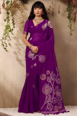 Denouement Purple Cotton Silk Saree With Mesmeric Blouse Piece