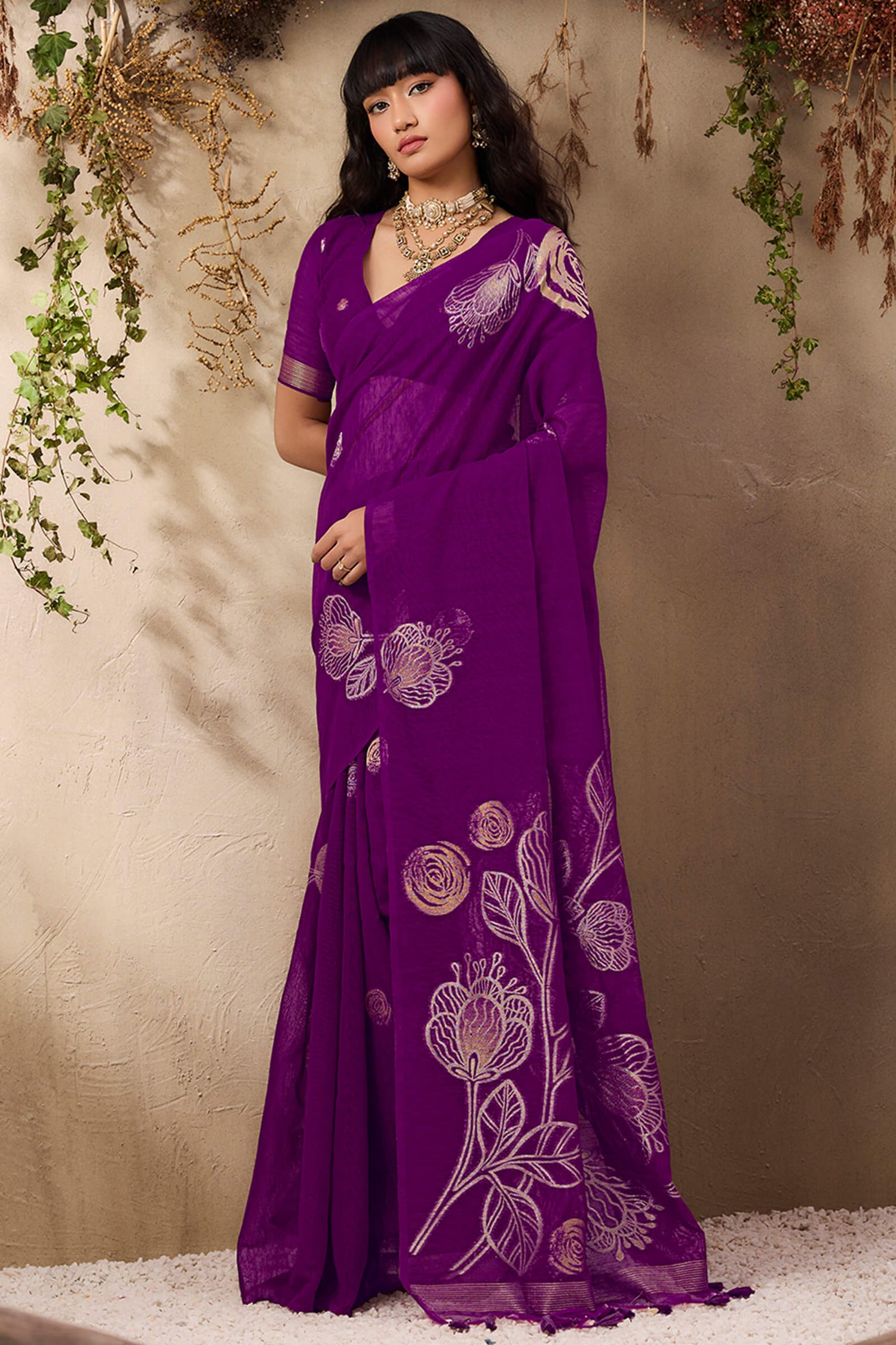 Denouement Purple Cotton Silk Saree With Mesmeric Blouse Piece