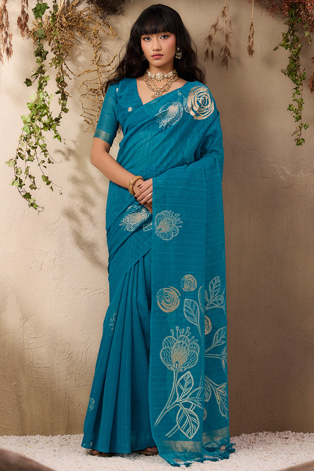 Ratatouille Firozi Cotton Silk Saree With Phenomenal Blouse Piece