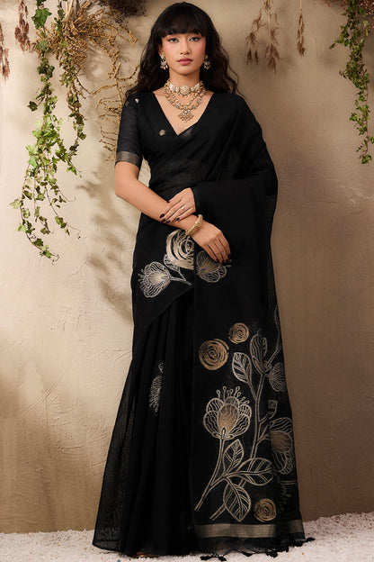 Sonorous Black Cotton Silk Saree With Impressive Blouse Piece