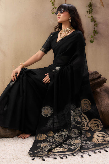 Sonorous Black Cotton Silk Saree With Impressive Blouse Piece